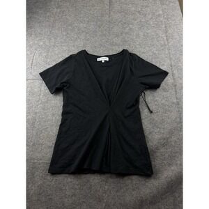 White + Warren Women XS Cotton Gathered Front Crew Neck T-Shirt Black Minimalist